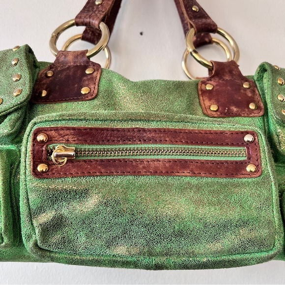 Vintage Y2K Betsey Johnson Metallic Green Leather Studded Cargo Bag - Picture 5 of 16